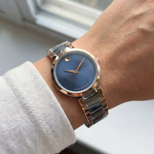 Two-Tone Steel & Rose Gold Minimalist Blue Sunray Dial Luxury Bracelet Watch – Women