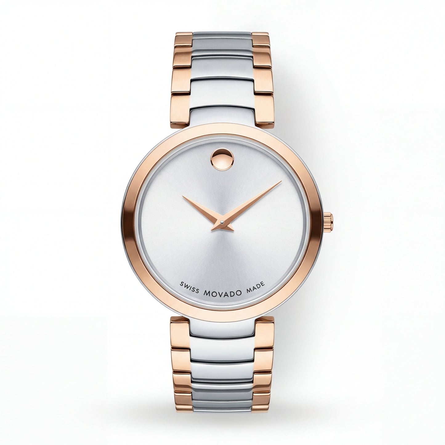 Two-Tone Steel & Rose Gold Minimalist Silver Sunray Dial Luxury Bracelet Watch – Women