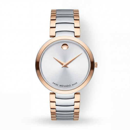 Two-Tone Steel & Rose Gold Minimalist Silver Sunray Dial Luxury Bracelet Watch – Women