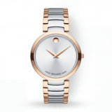 Two-Tone Steel & Rose Gold Minimalist Silver Sunray Dial Luxury Bracelet Watch – Women