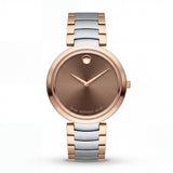 Two-Tone Steel & Rose Gold Minimalist Brown Sunray Dial Luxury Bracelet Watch – Women