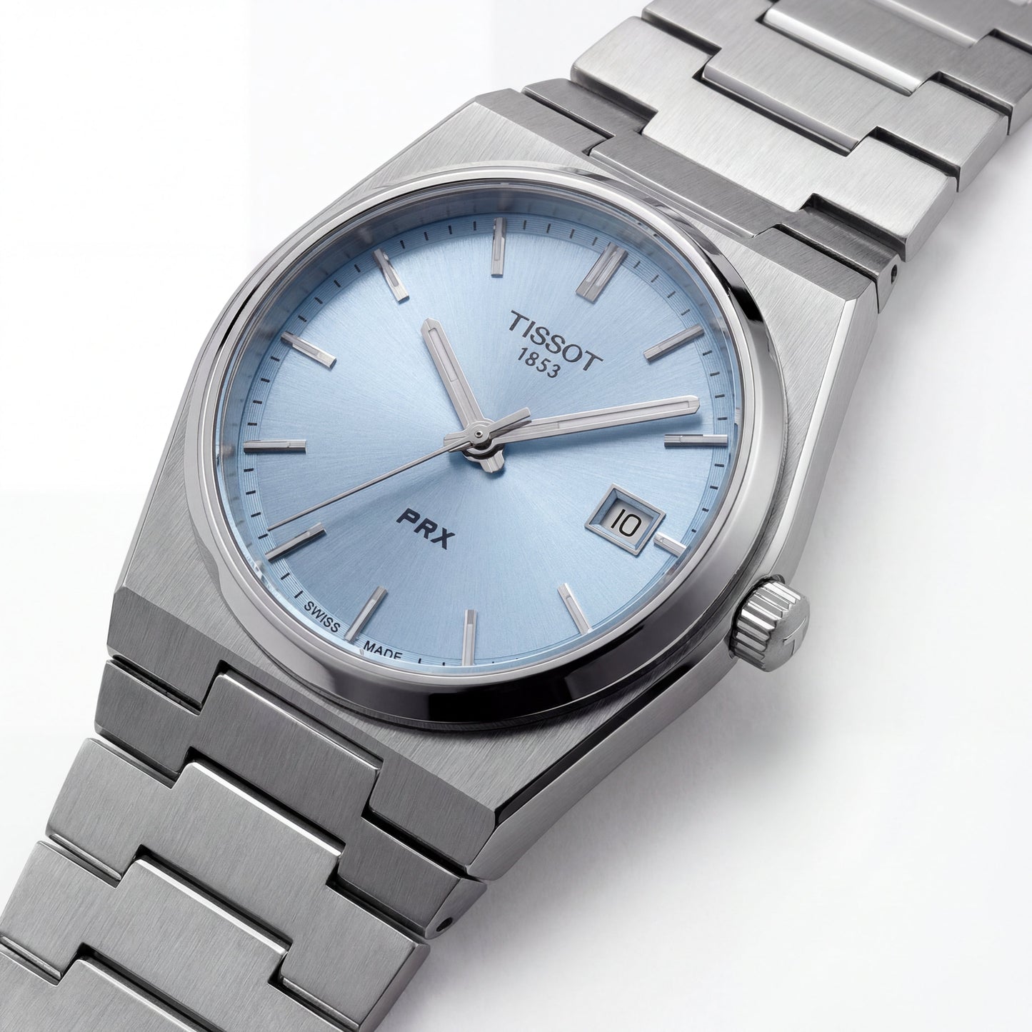 Stainless Steel Integrated Bracelet Ice Blue Sunburst Dial Date Watch – Unisex