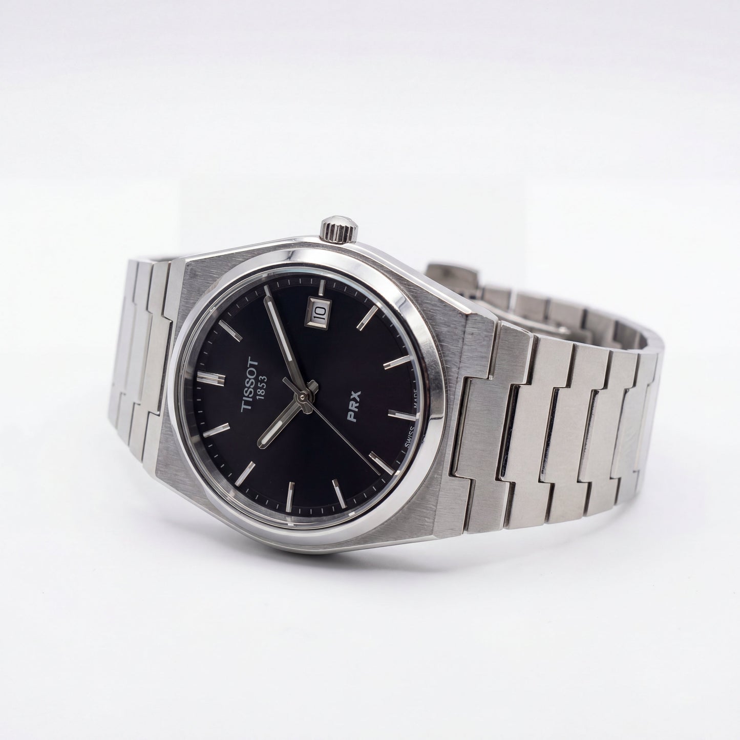 Stainless Steel Integrated Bracelet Black Sunburst Dial Date Watch – Men