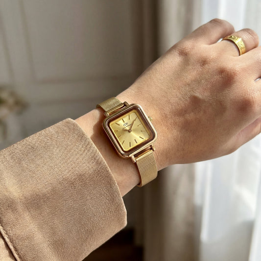 Gold Square Case Champagne Dial Mesh Strap Watch
