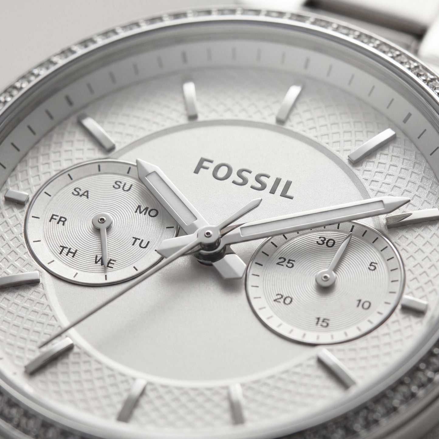 Silver Crystal Bezel Chronograph White Dial Steel Bracelet Watch