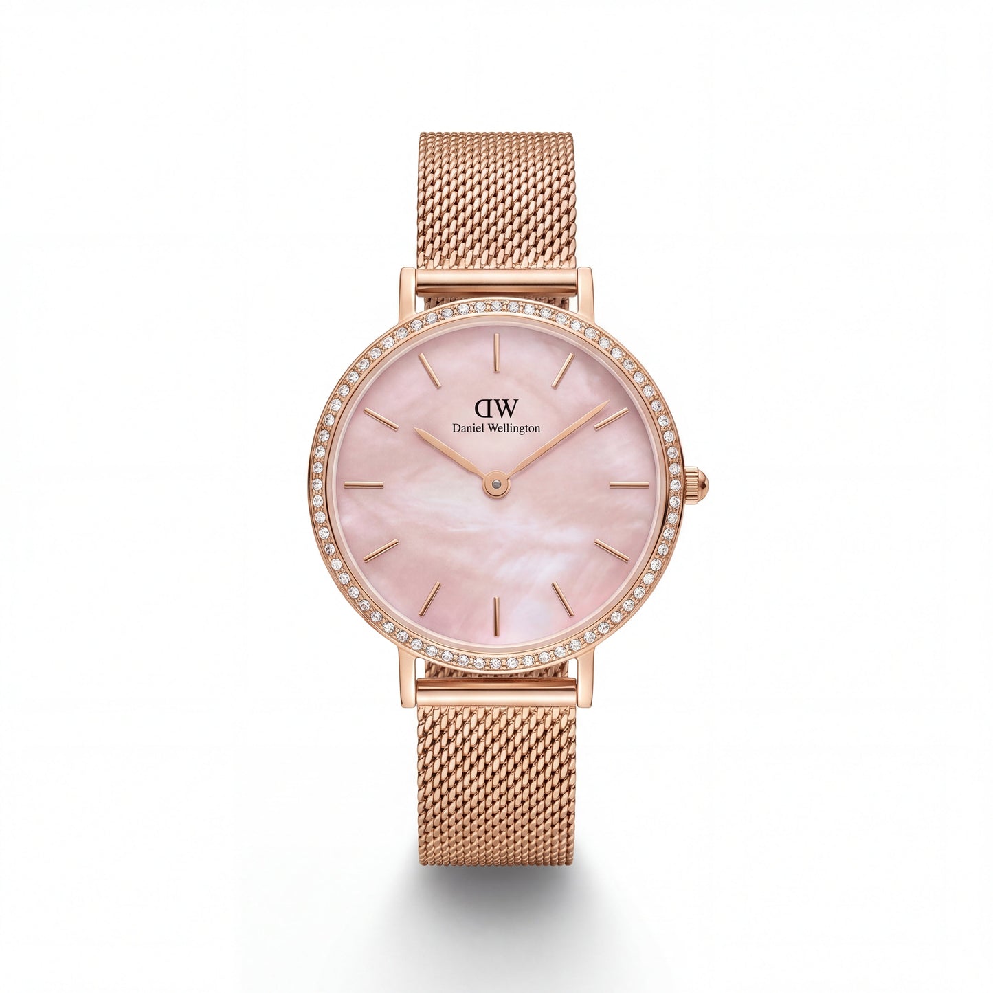 Rose Gold Crystal Bezel Pink Mother-of-Pearl Dial Mesh Strap Watch
