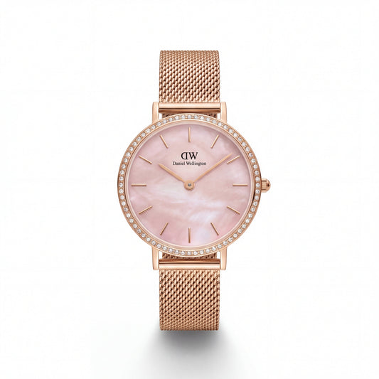 Rose Gold Crystal Bezel Pink Mother-of-Pearl Dial Mesh Strap Watch