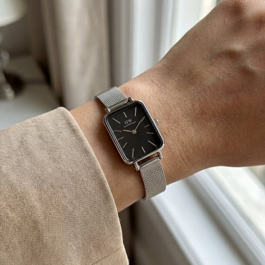 Midnight Black Rectangular Dial Silver Mesh Minimal Watch