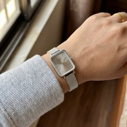 Silver Rectangular Sunray Dial Mesh Strap Minimal Watch