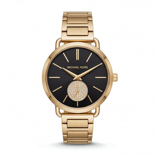 Gold-Tone Black Dial Crystal Subdial Minimal Bracelet Watch
