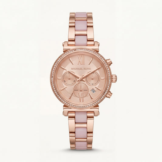Rose Gold Blush Inlay Crystal Chronograph Bracelet Watch