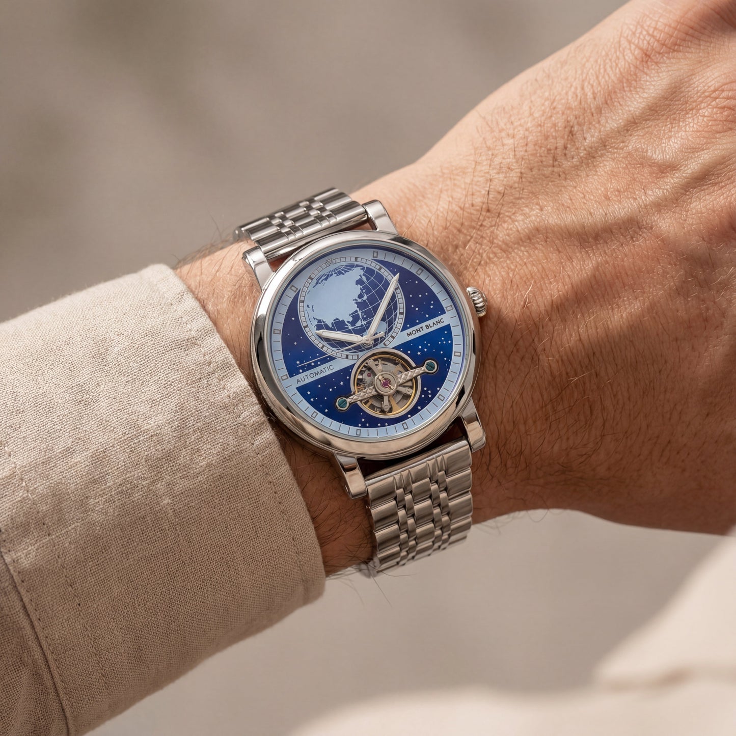 Midnight Blue World Dial Open-Heart Automatic Men’s Watch