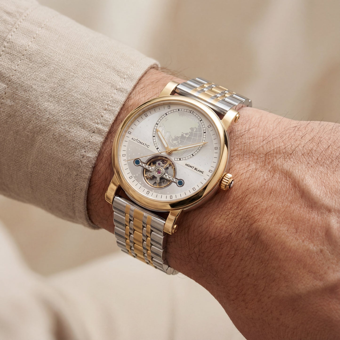 Gold Silver World Dial Open-Heart Automatic Men’s Watch