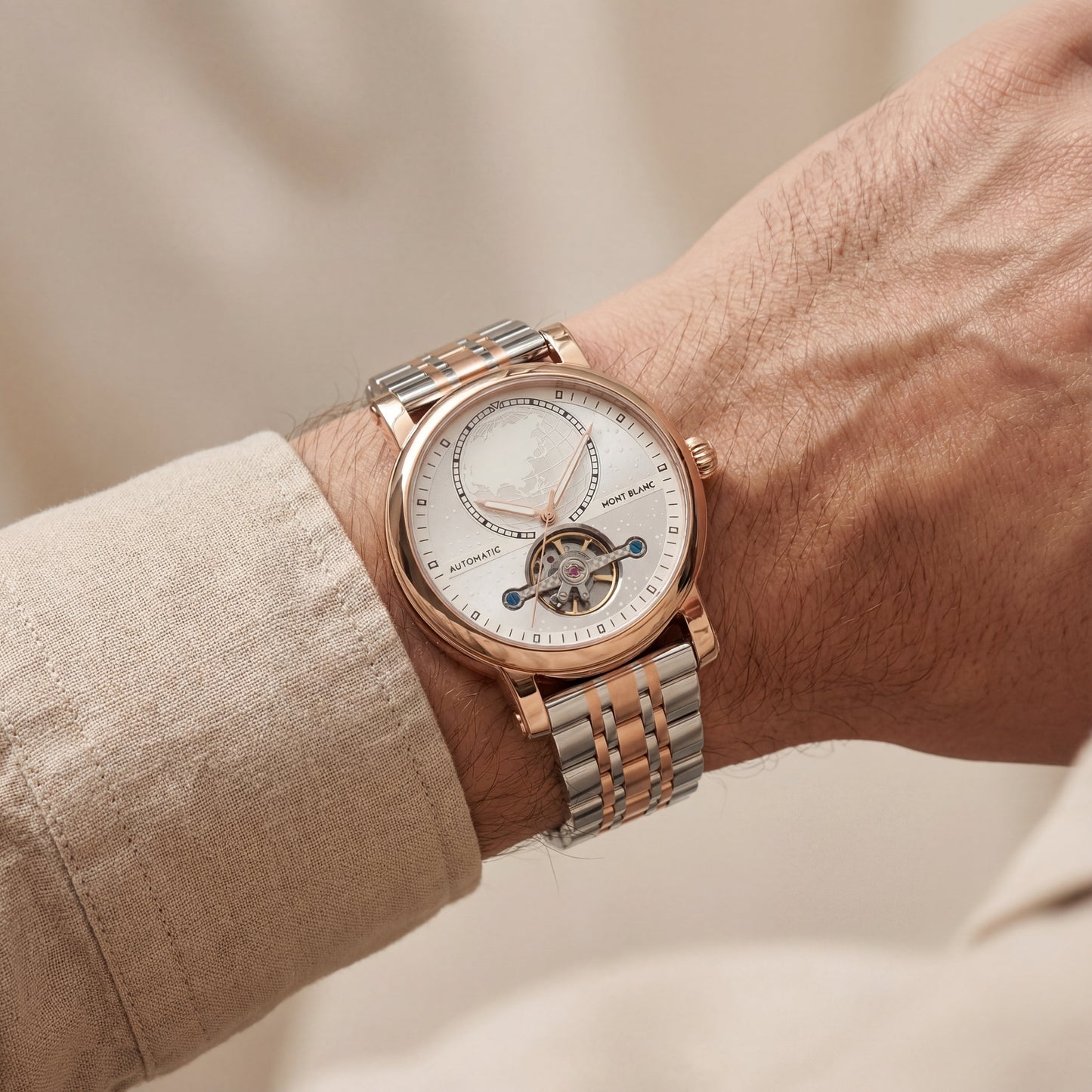 Rose Silver World Time Open-Heart Automatic Men’s Watch