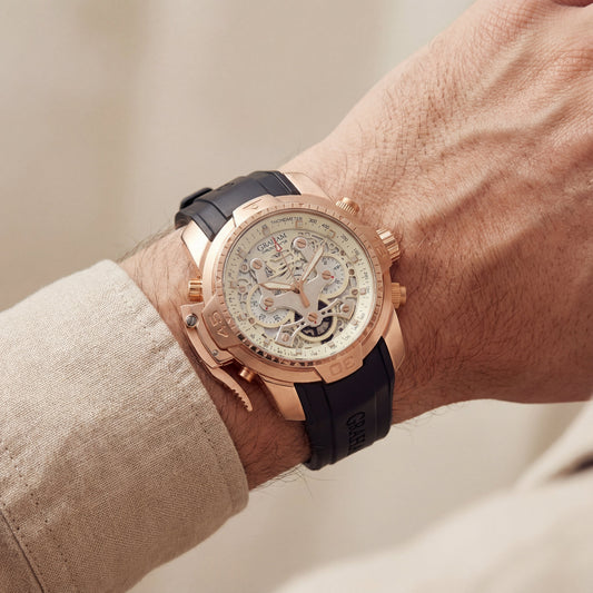 Rose Gold Skeleton Chronograph Rubber Strap Men’s Watch