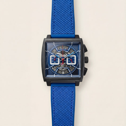 Square Skeleton Chronograph Watch with Blue Sport Strap