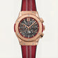 Rose Gold Skeleton Chronograph Watch with Red Leather Strap