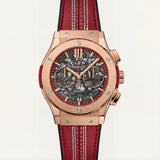 Rose Gold Skeleton Chronograph Watch with Red Leather Strap