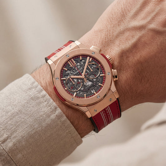 Rose Gold Skeleton Chronograph Watch with Red Leather Strap
