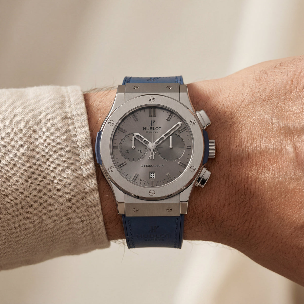 Grey Chronograph Watch – Blue Leather Strap Edition