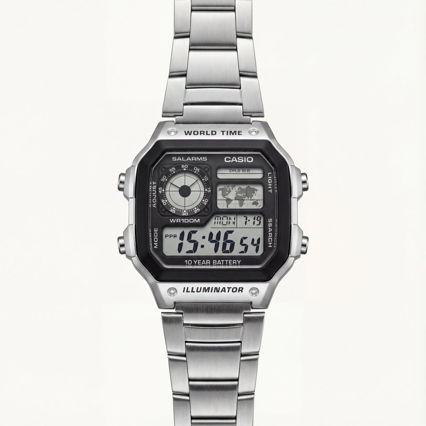 Stainless Steel Digital World Time Watch – Multi-Function Edition