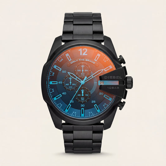 Black Steel Chronograph Men’s Watch with Dual-Tone Gradient Dial