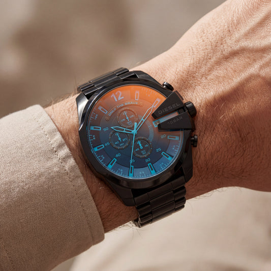 Black Steel Chronograph Men’s Watch with Dual-Tone Gradient Dial