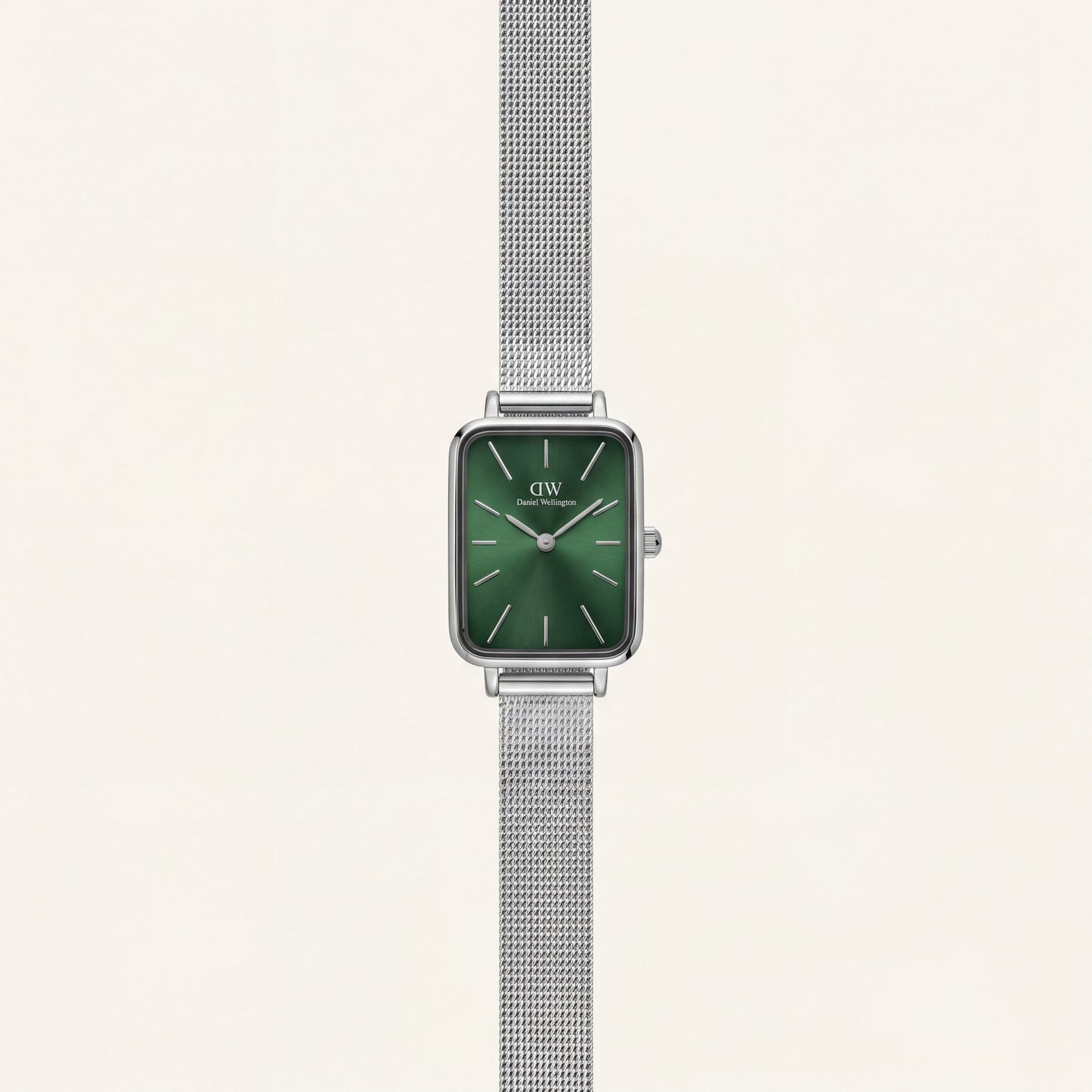 Emerald Green Rectangular Dial Silver Mesh Strap Minimal Watch