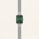 Emerald Green Rectangular Dial Silver Mesh Strap Minimal Watch