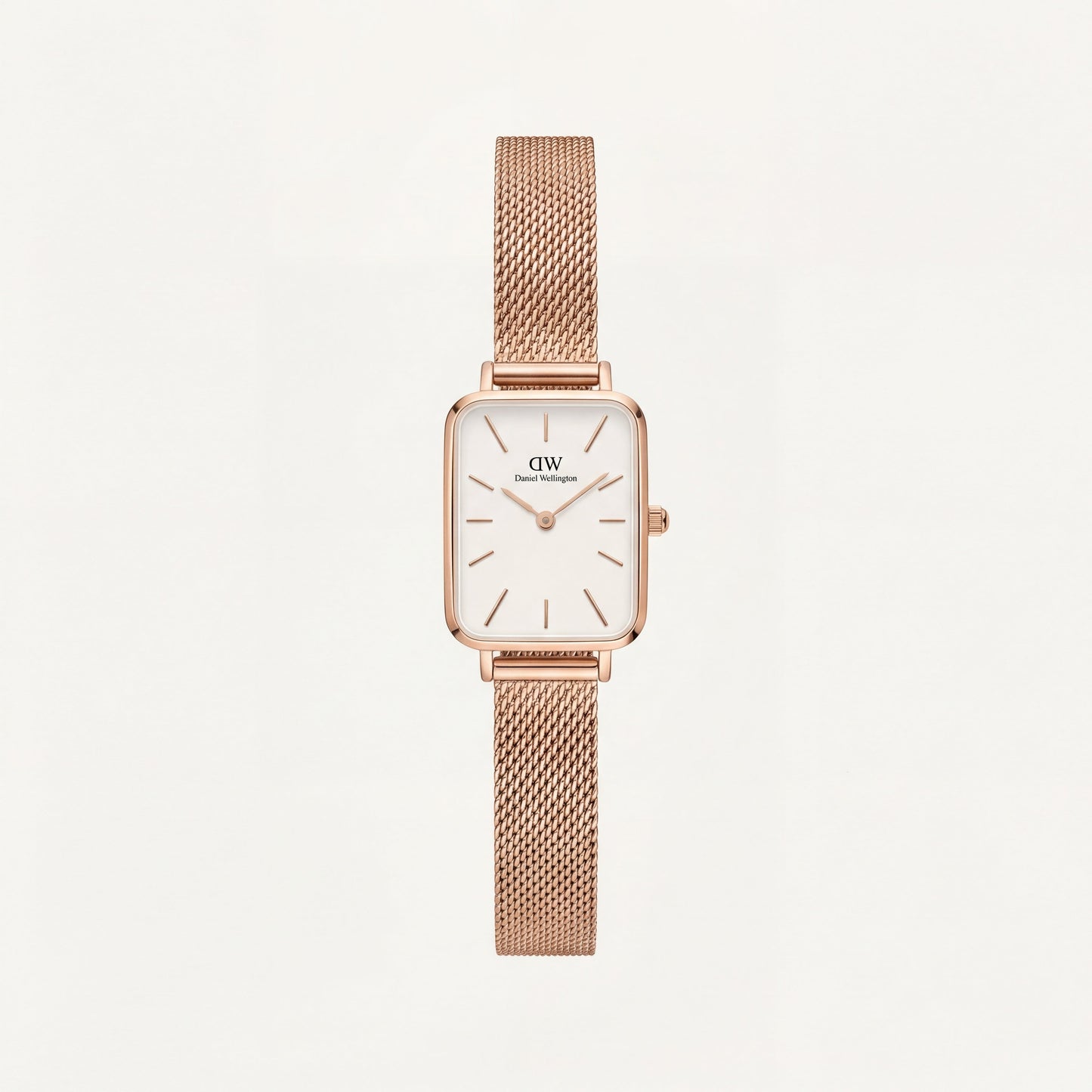 Rose Gold Rectangular White Dial Mesh Strap Minimal Watch