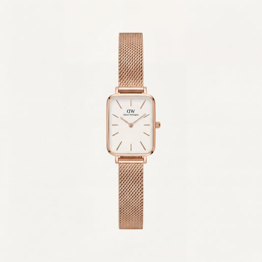 Rose Gold Rectangular White Dial Mesh Strap Minimal Watch