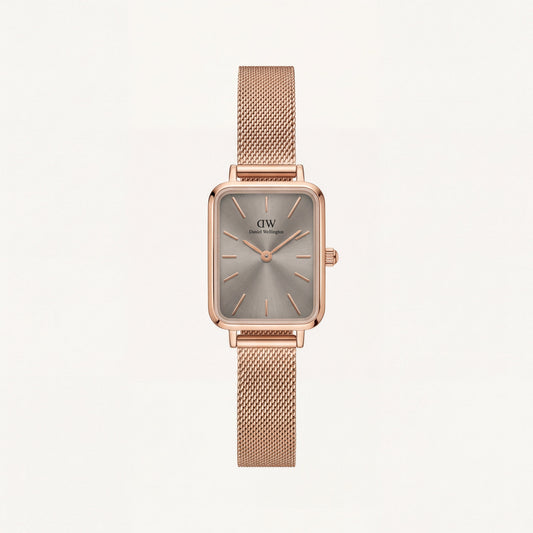 Rose Gold Rectangular Grey Sunray Dial Mesh Strap Watch
