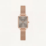 Rose Gold Rectangular Grey Sunray Dial Mesh Strap Watch