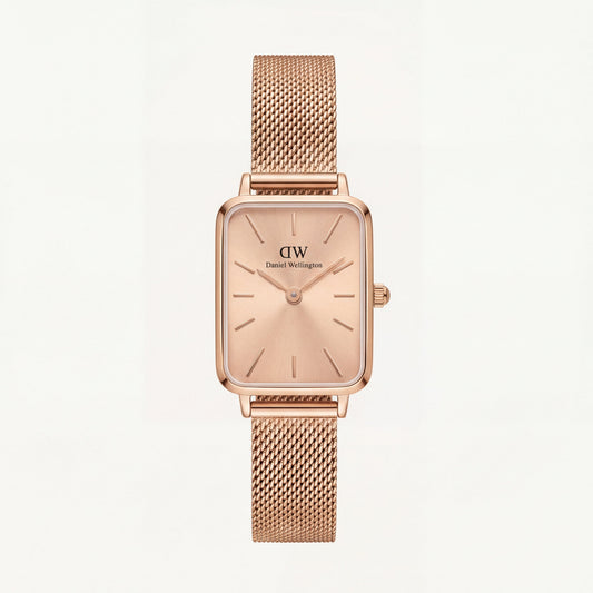 Rose Gold Rectangular Champagne Sunray Dial Mesh Strap Watch