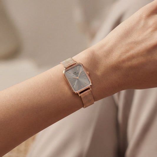 Rose Gold Rectangular Grey Sunray Dial Mesh Strap Watch