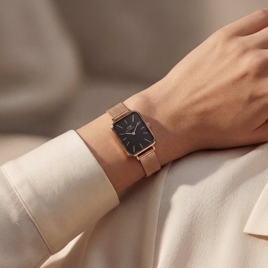 Rose Gold Rectangular Black Dial Mesh Strap Minimal Watch