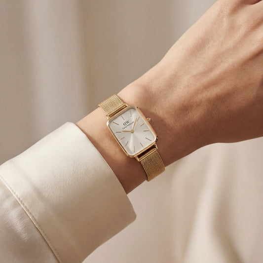 Gold Rectangular Silver Sunray Dial Mesh Strap Watch