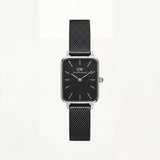 Silver Rectangular Black Dial Black Mesh Strap Watch
