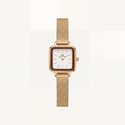 Gold Square Case White Dial Mesh Strap Watch