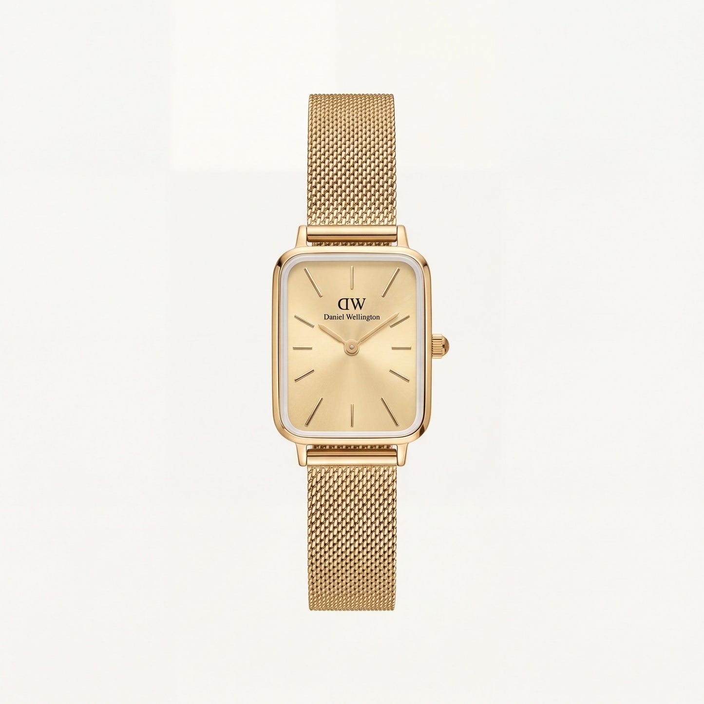 Gold Rectangular Champagne Sunray Dial Mesh Strap Watch