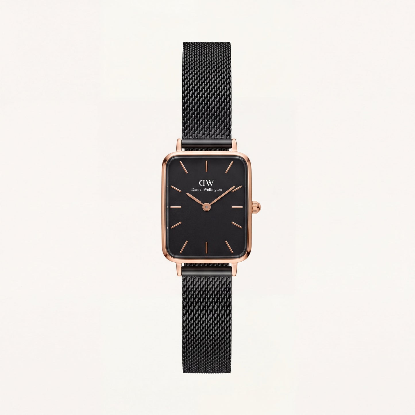 Rose Gold Rectangular Black Dial Black Mesh Strap Watch