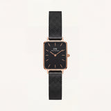 Rose Gold Rectangular Black Dial Black Mesh Strap Watch