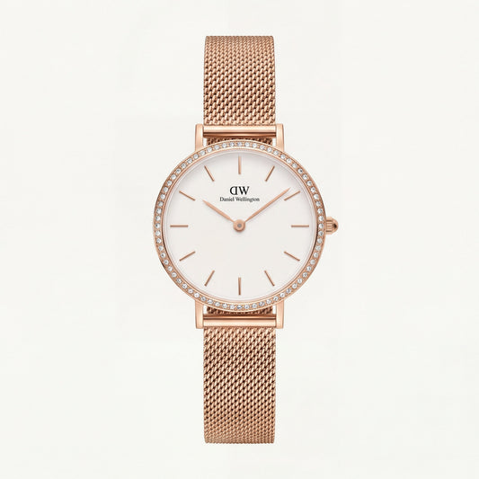 Rose Gold Crystal Bezel White Dial Mesh Strap Watch