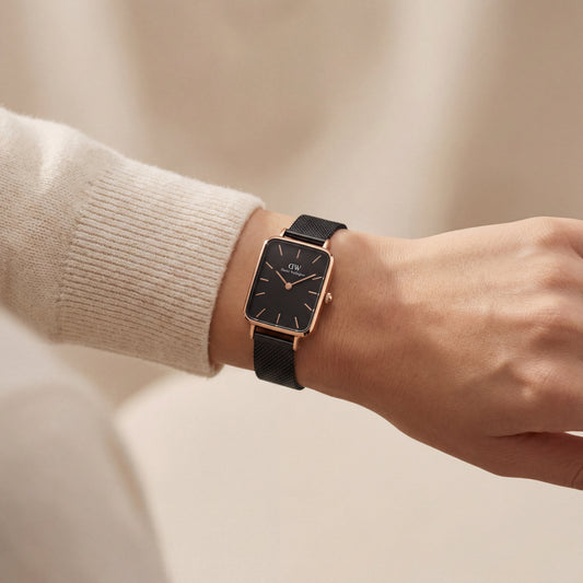 Rose Gold Rectangular Black Dial Black Mesh Strap Watch