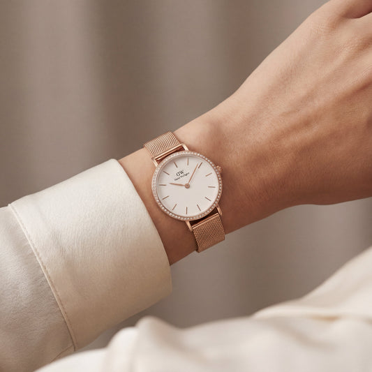 Rose Gold Crystal Bezel White Dial Mesh Strap Watch