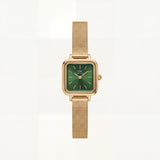 Gold Square Case Emerald Green Dial Mesh Strap Watch