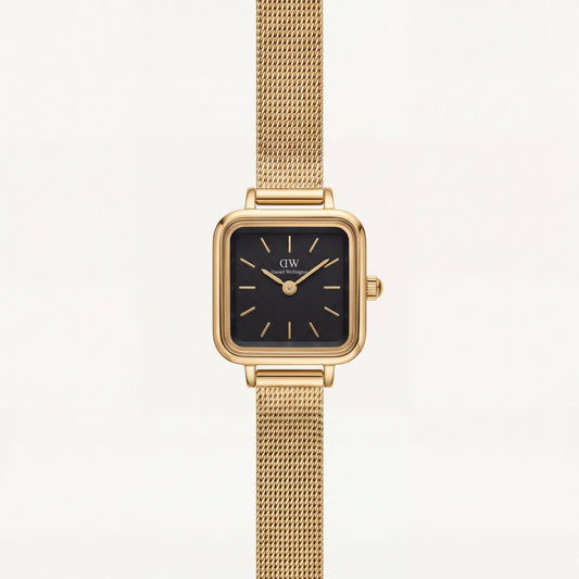 Gold Square Case Black Dial Mesh Strap Watch
