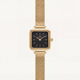 Gold Square Case Black Dial Mesh Strap Watch