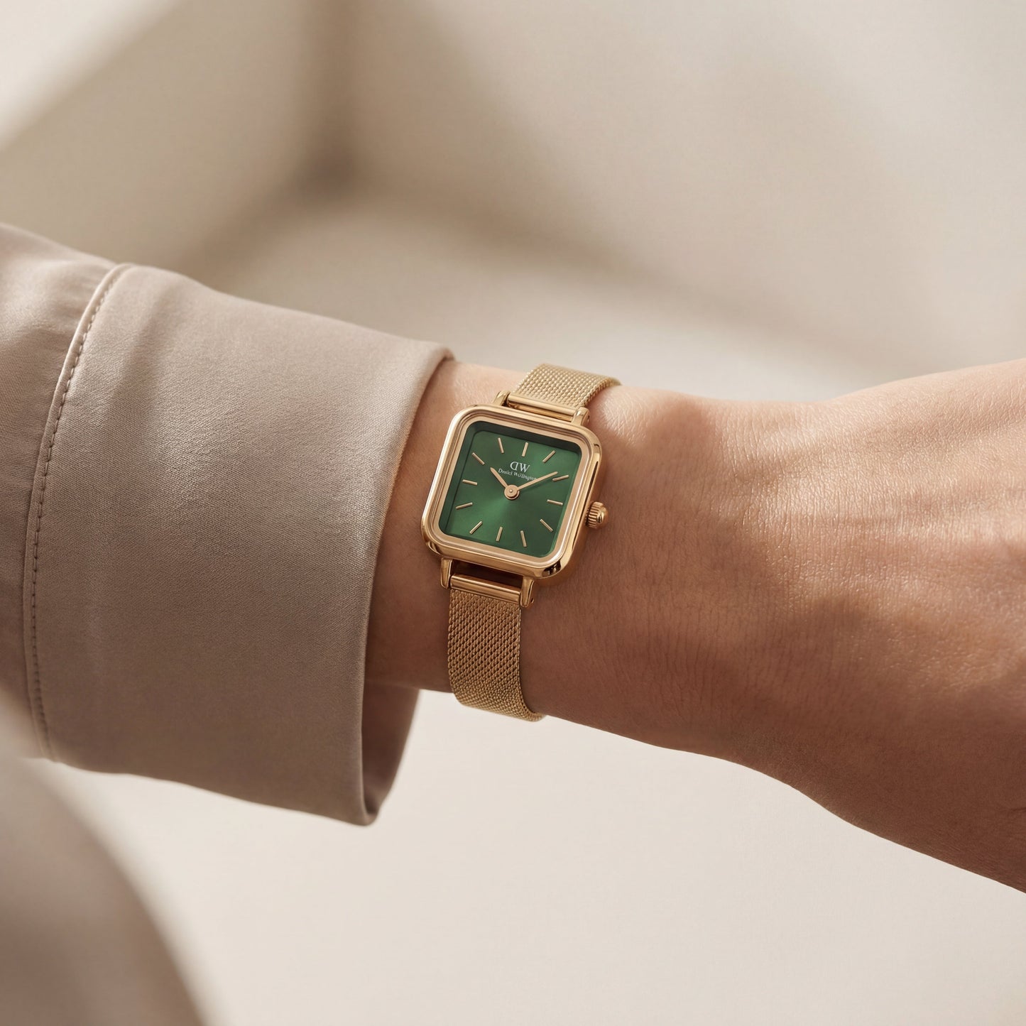 Gold Square Case Emerald Green Dial Mesh Strap Watch