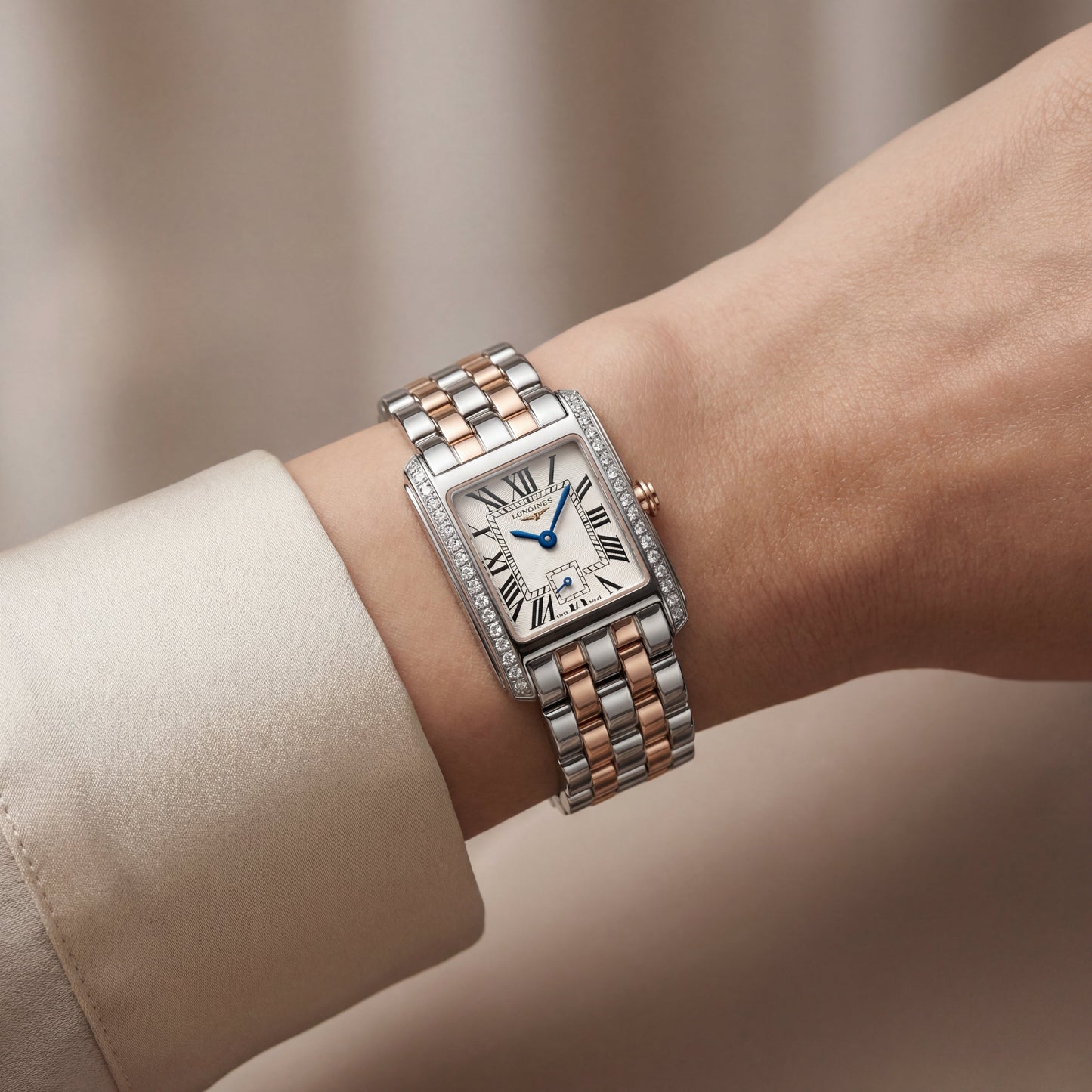 Diamond-Set Two-Tone Rectangular Roman Dial Steel Bracelet Watch – Women